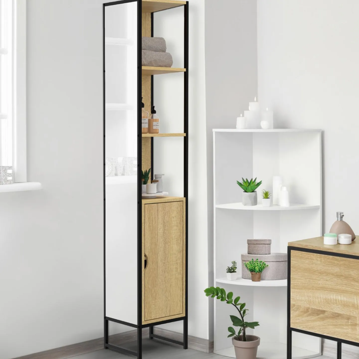 Meuble colonne salle de bain 1 porte avec miroir et étagères*IDMarket Discount