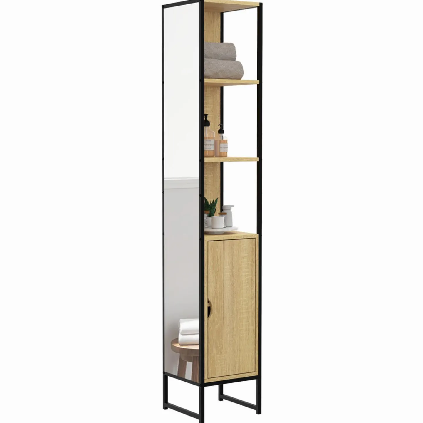 Meuble colonne salle de bain 1 porte avec miroir et étagères*IDMarket Discount