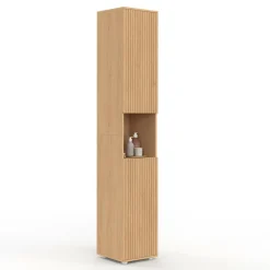 Meuble colonne salle de bain 2 portes 1 niche effet lattes*IDMarket Clearance