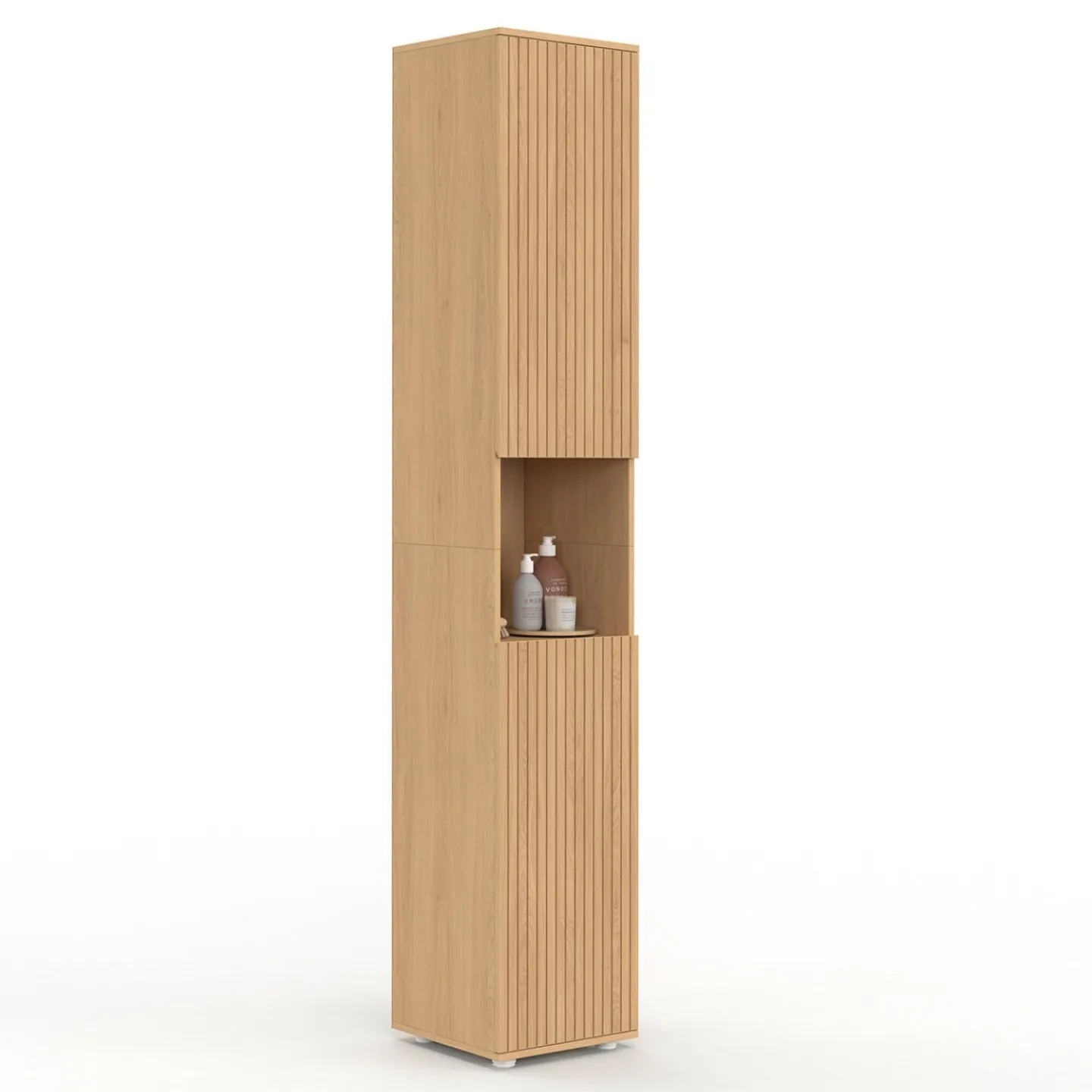 Meuble colonne salle de bain 2 portes 1 niche effet lattes*IDMarket Clearance