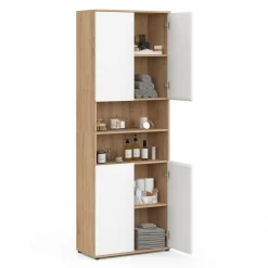 Meuble colonne salle de bain 4 portes 2 niches façon hêtre et blanc*IDMarket New