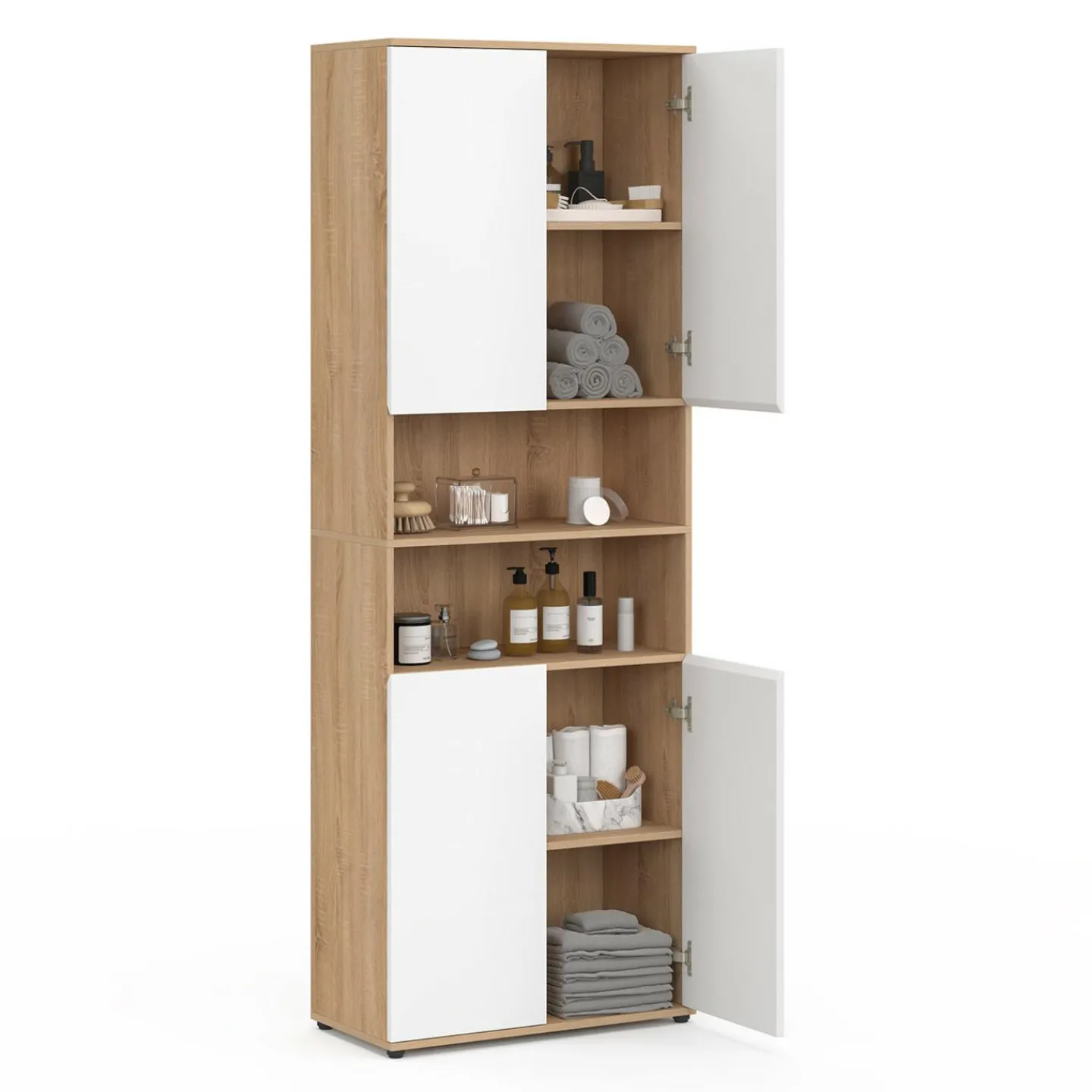 Meuble colonne salle de bain 4 portes 2 niches façon hêtre et blanc*IDMarket New