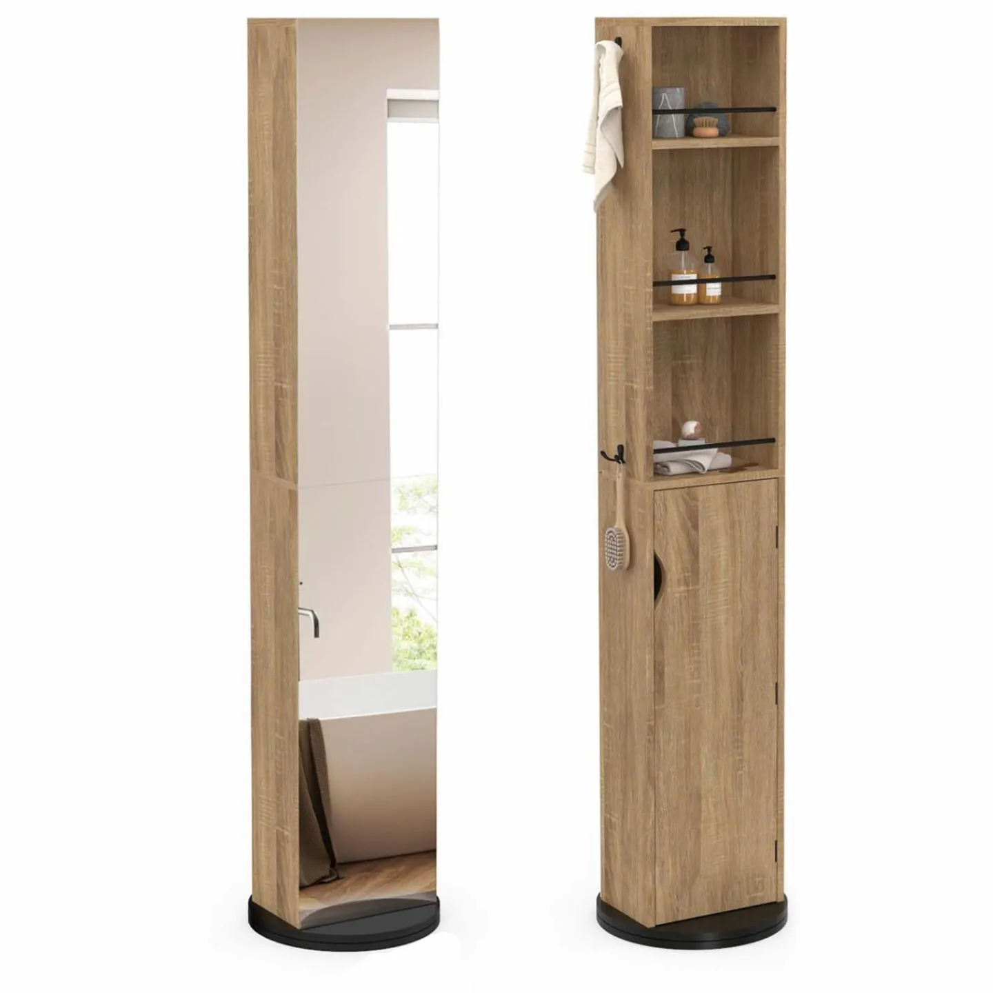 Meuble colonne salle de bain pivotant hêtre et noir*IDMarket Online