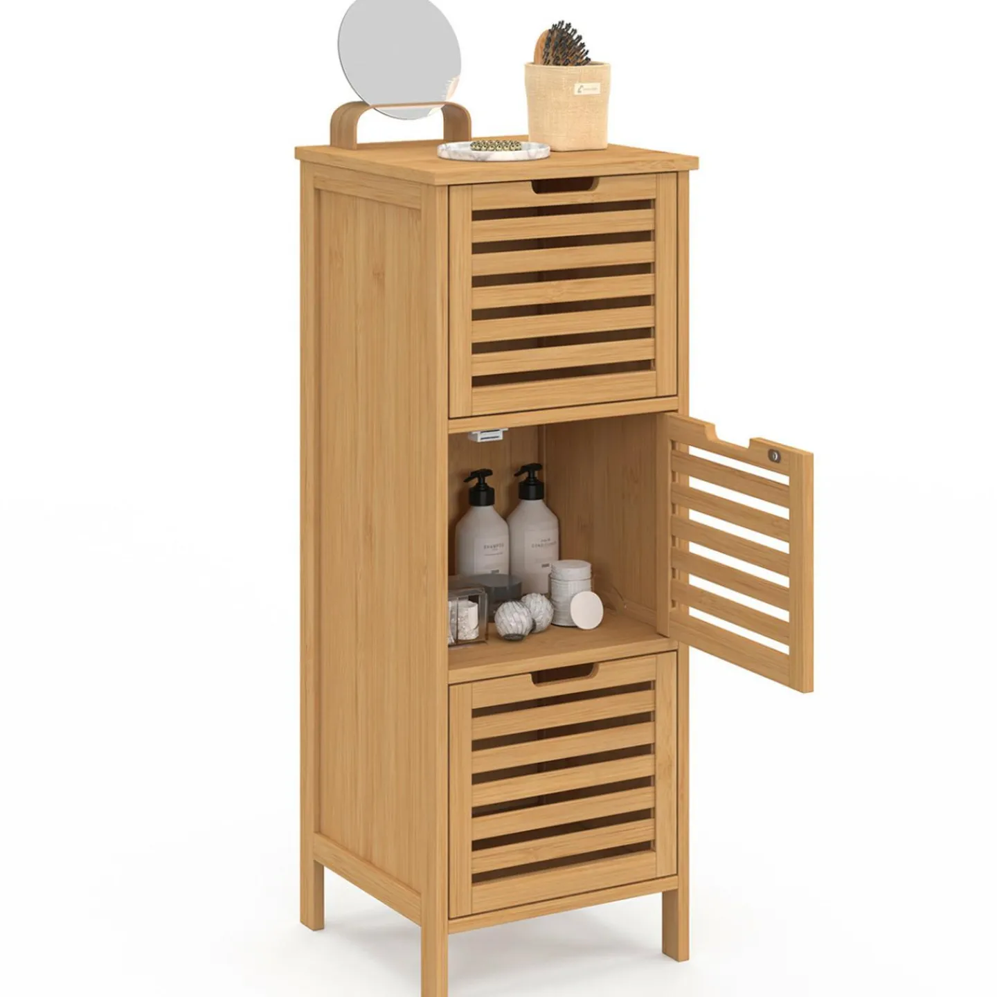 Meuble d'appoint salle de bain bambou BEA 3 portes 30 x 30 x 80 cm*IDMarket Discount