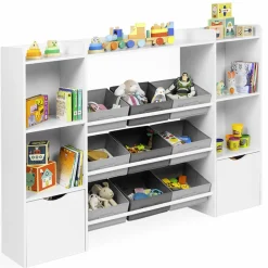 Meuble de rangement avec étagères, bacs en tissu et cubes pour enfants*IDMarket New
