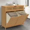 Meuble de rangement salle de bain bambou BEA 2 paniers à linge amovibles 1 tiroir tissu écru*IDMarket Sale