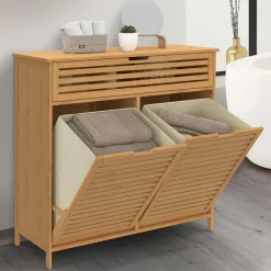 Meuble de rangement salle de bain bambou BEA 2 paniers à linge amovibles 1 tiroir tissu écru*IDMarket Sale