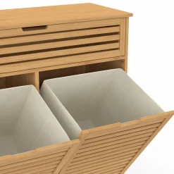 Meuble de rangement salle de bain bambou BEA 2 paniers à linge amovibles 1 tiroir tissu écru*IDMarket Sale