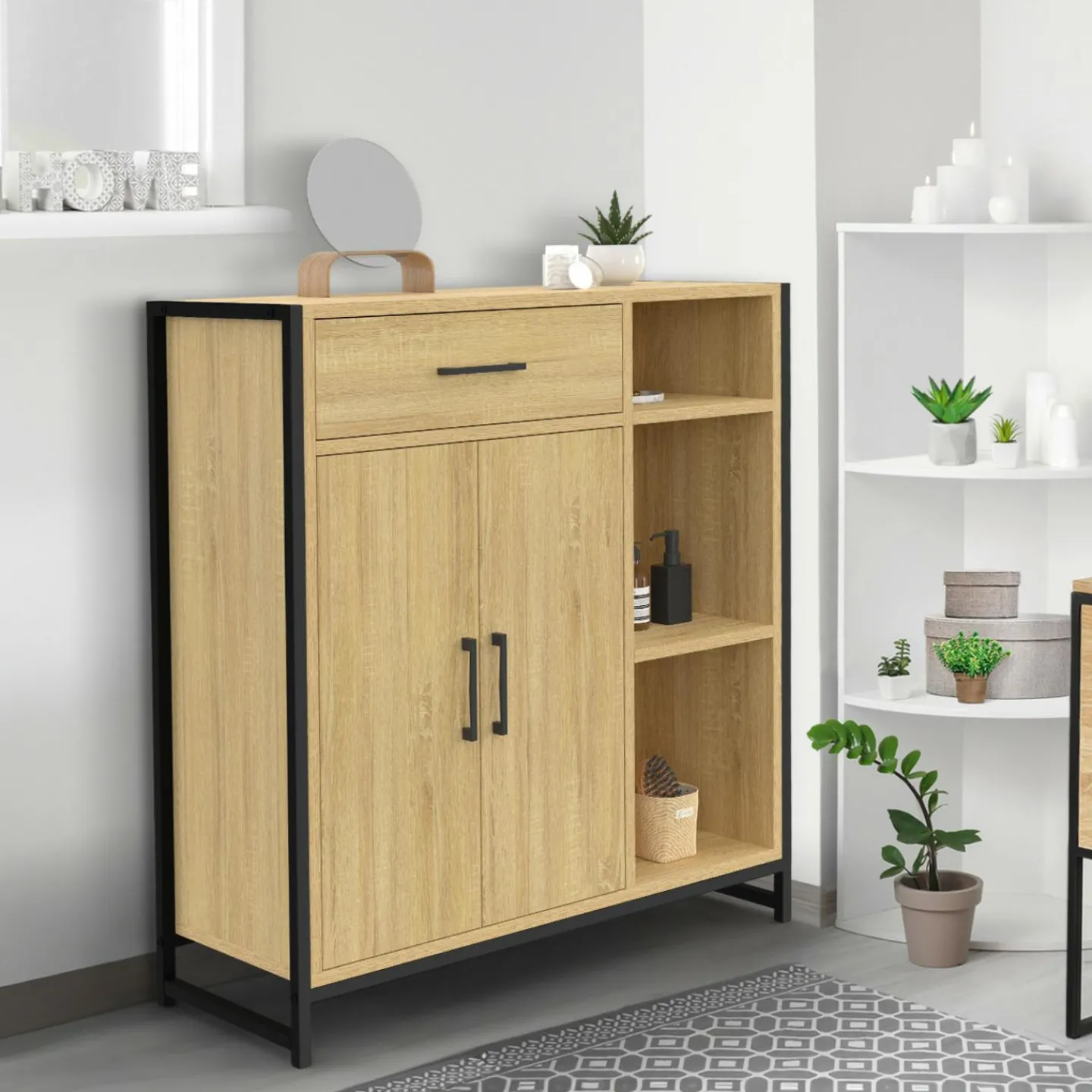 Meuble de rangement salle de bain industriel avec 1 tiroir, placard et 3 étagères*IDMarket Outlet