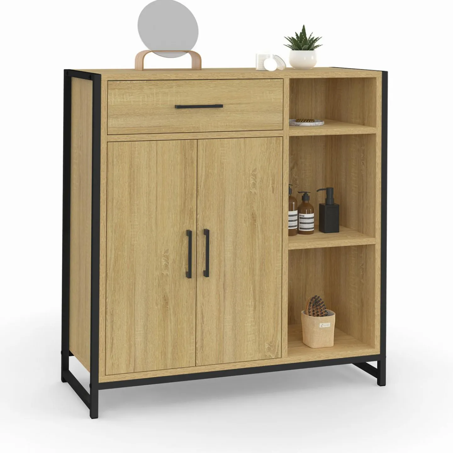 Meuble de rangement salle de bain industriel avec 1 tiroir, placard et 3 étagères*IDMarket Outlet