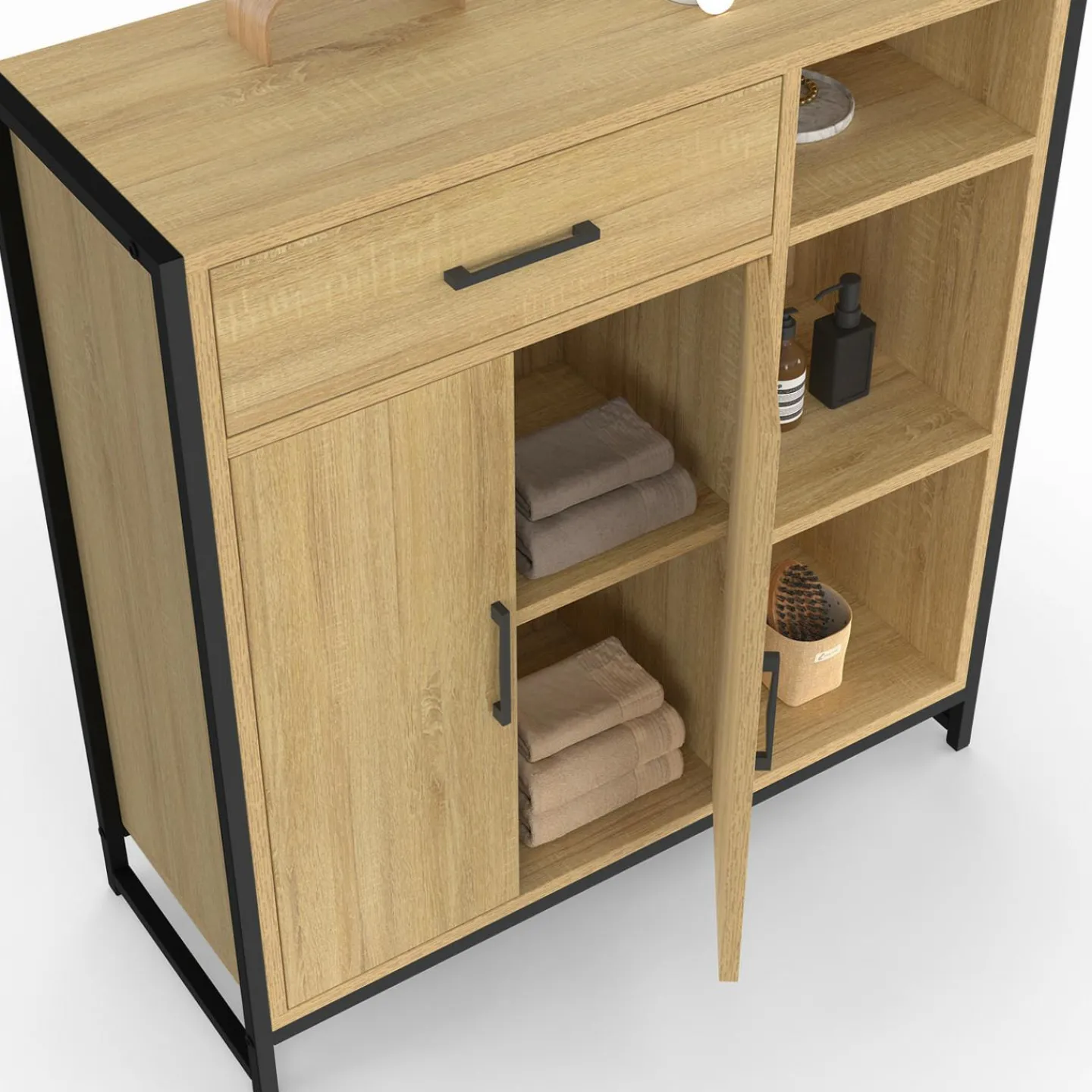 Meuble de rangement salle de bain industriel avec 1 tiroir, placard et 3 étagères*IDMarket Outlet