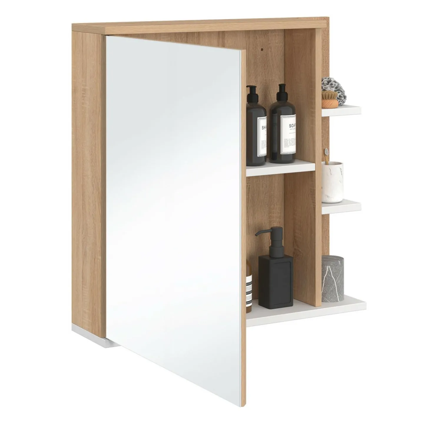 Meuble de rangement suspendu avec miroir et étagères pour salle de bain façon hêtre et blanc*IDMarket Clearance