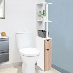 Meuble de toilette blanc et hêtre avec étagères*IDMarket New