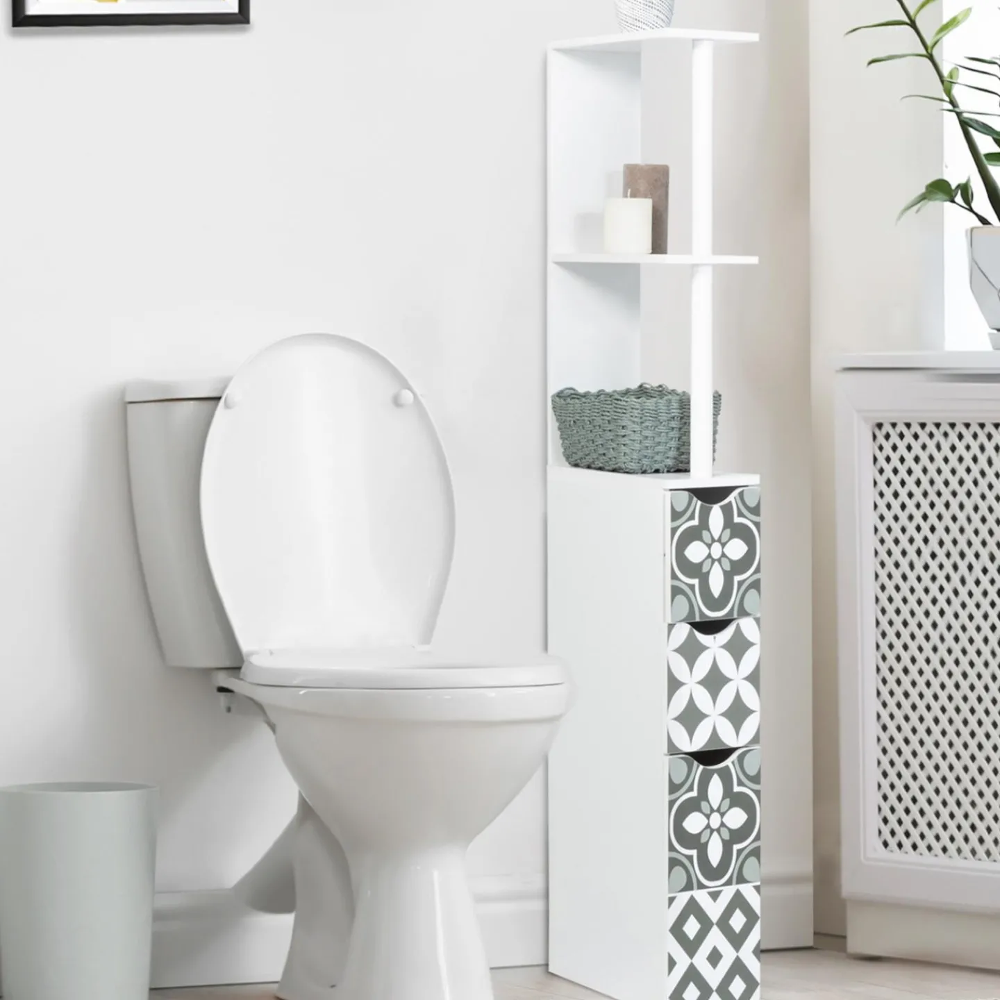 Meuble de toilette blanc et gris motif carreaux de ciment 3 portes*IDMarket New