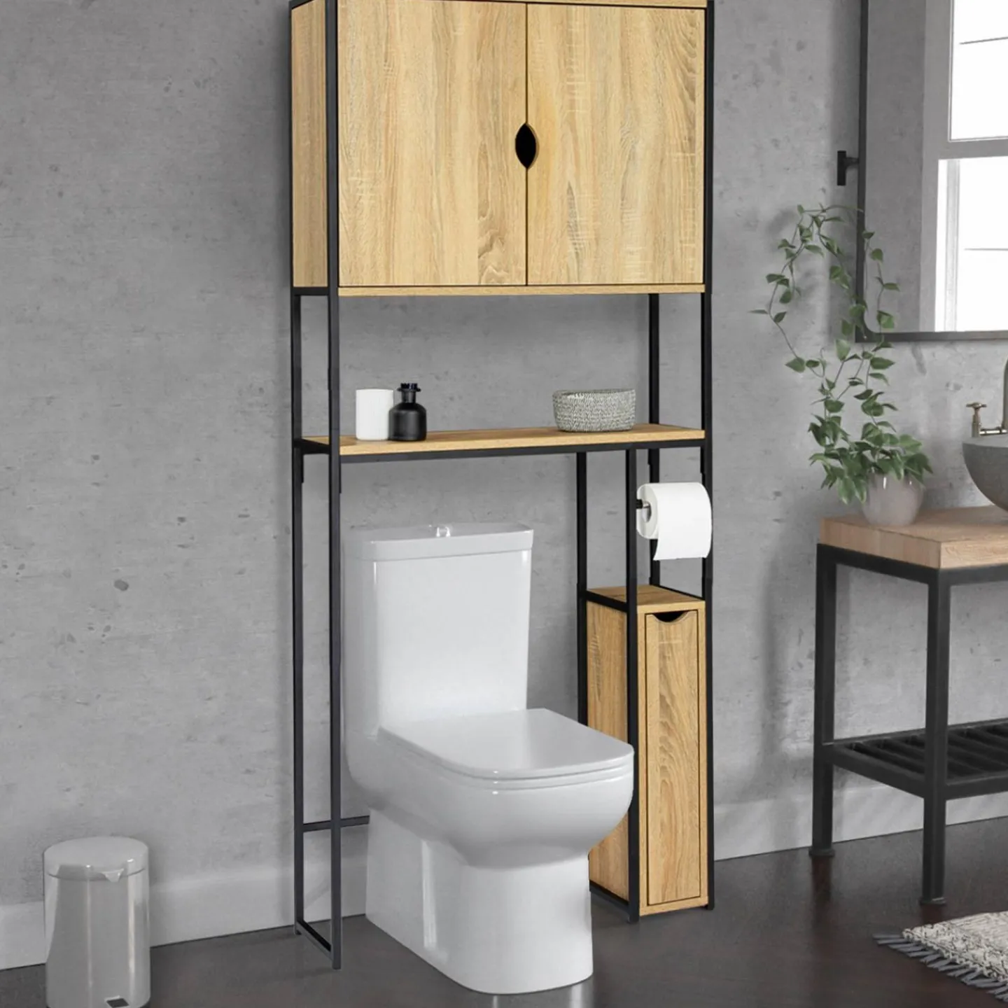 Meuble de toilette industriel bois et métal noir armoire de rangement*IDMarket Discount