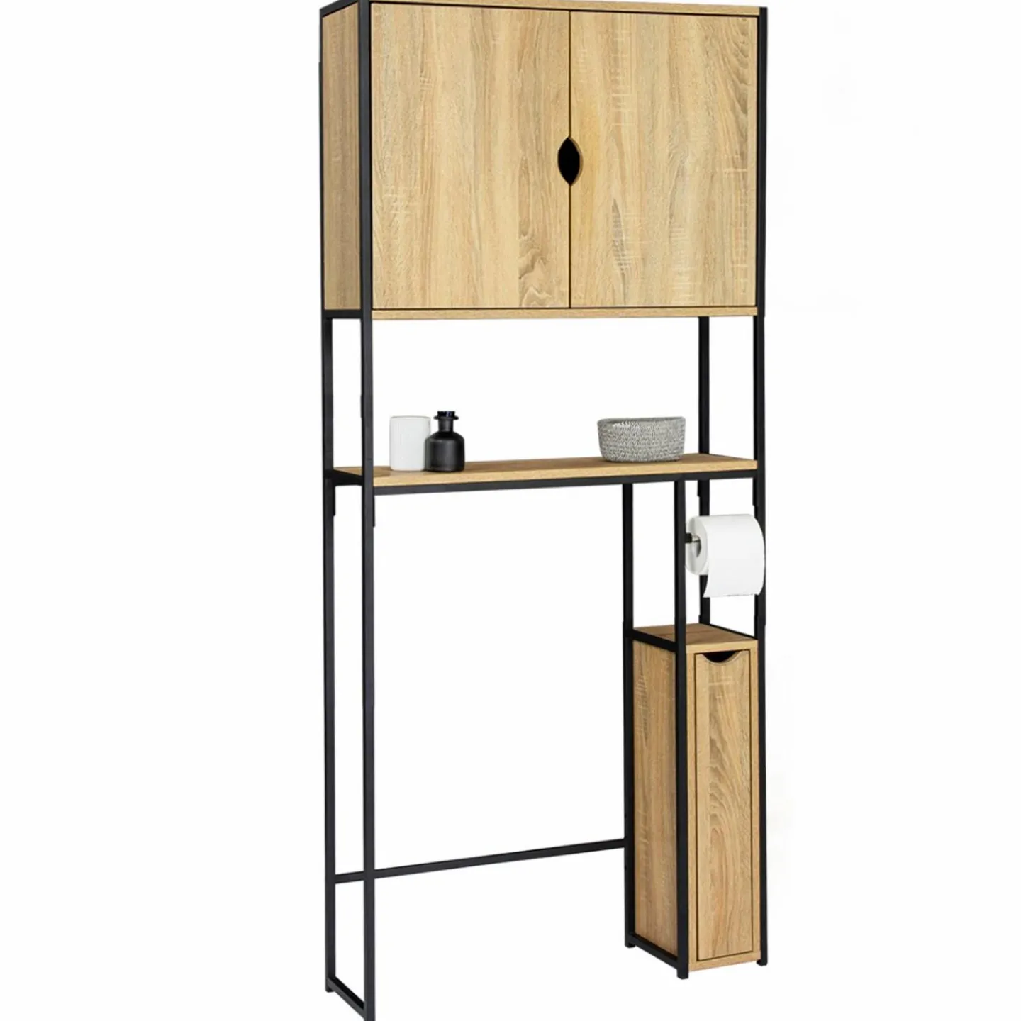 Meuble de toilette industriel bois et métal noir armoire de rangement*IDMarket Discount
