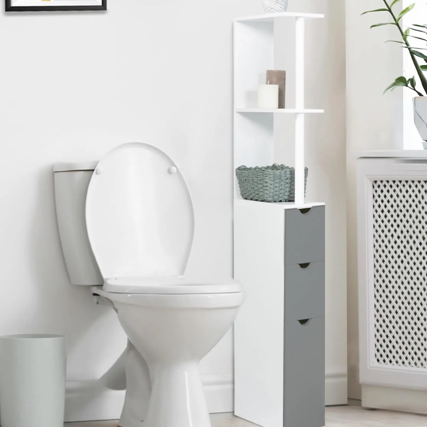 Meuble de toilettes étagère bois 3 portes blanc et gris*IDMarket Discount