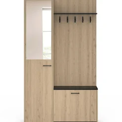 Meuble d’entrée vestiaire effet bois et noir avec banc rangement à chaussures, miroir 1 porte et étagères*IDMarket New