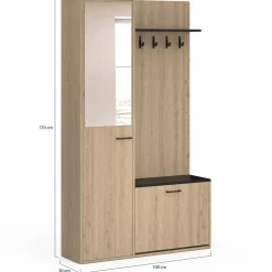 Meuble d’entrée vestiaire effet bois et noir avec banc rangement à chaussures, miroir 1 porte et étagères*IDMarket New