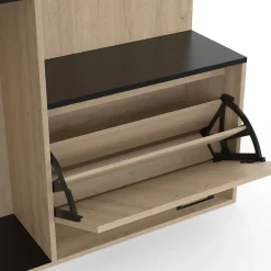 Meuble d’entrée vestiaire effet bois et noir avec banc rangement à chaussures, miroir 1 porte et étagères*IDMarket New