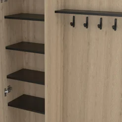 Meuble d’entrée vestiaire effet bois et noir avec banc rangement à chaussures, miroir 1 porte et étagères*IDMarket New