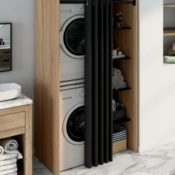 Meuble pour buanderie double machine à laver 180 cm hêtre et noir avec rideau coulissant*IDMarket Sale