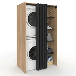 Meuble pour buanderie double machine à laver 180 cm hêtre et noir avec rideau coulissant*IDMarket Sale