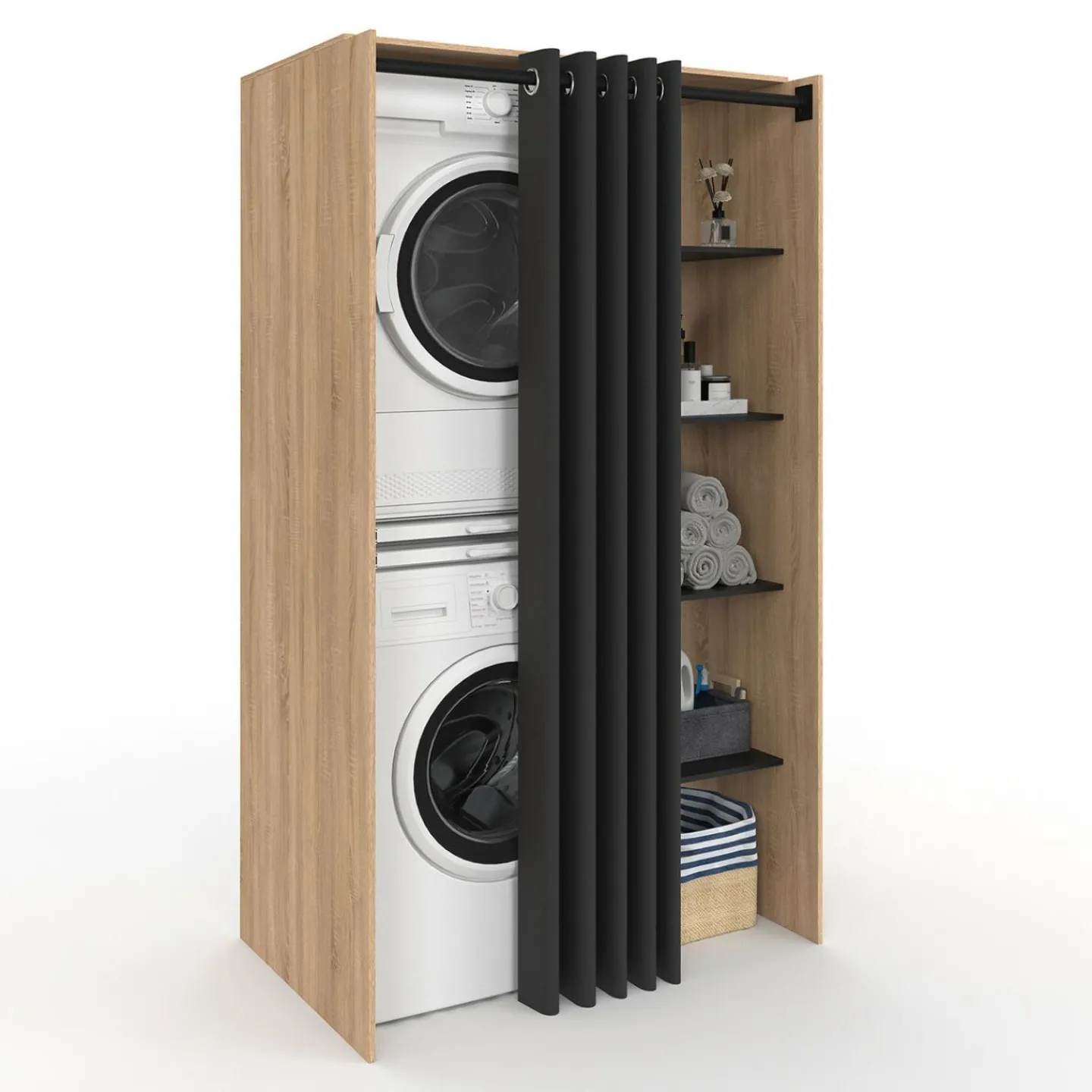 Meuble pour buanderie double machine à laver 180 cm hêtre et noir avec rideau coulissant*IDMarket Sale