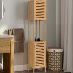 Meuble salle de bain colonne bambou 2 portes*IDMarket