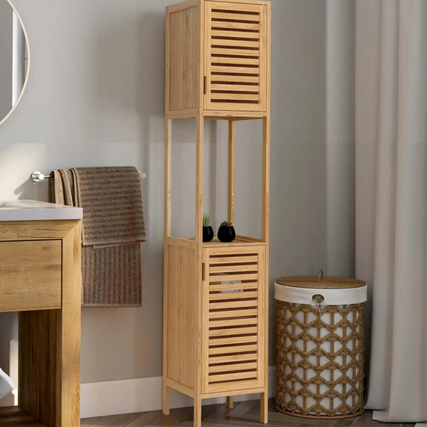 Meuble salle de bain colonne bambou 2 portes*IDMarket