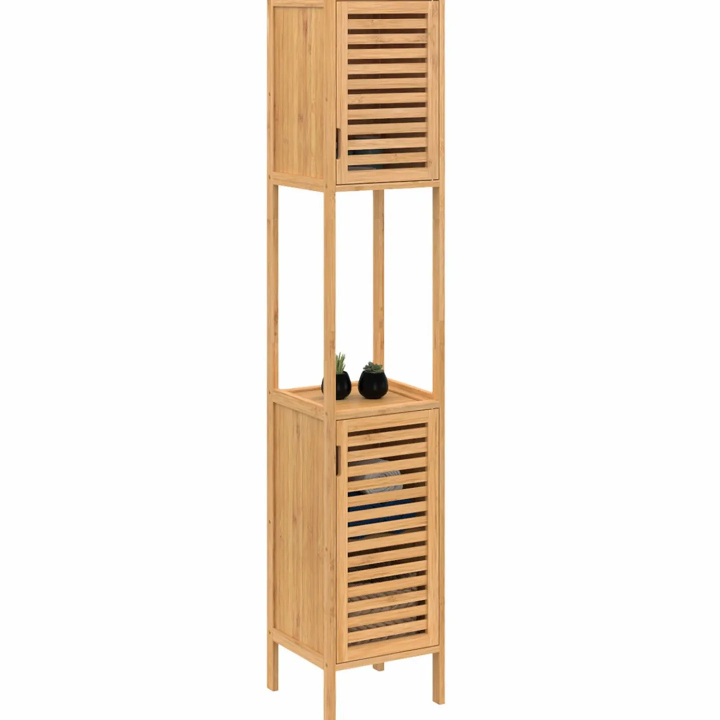 Meuble salle de bain colonne bambou 2 portes*IDMarket