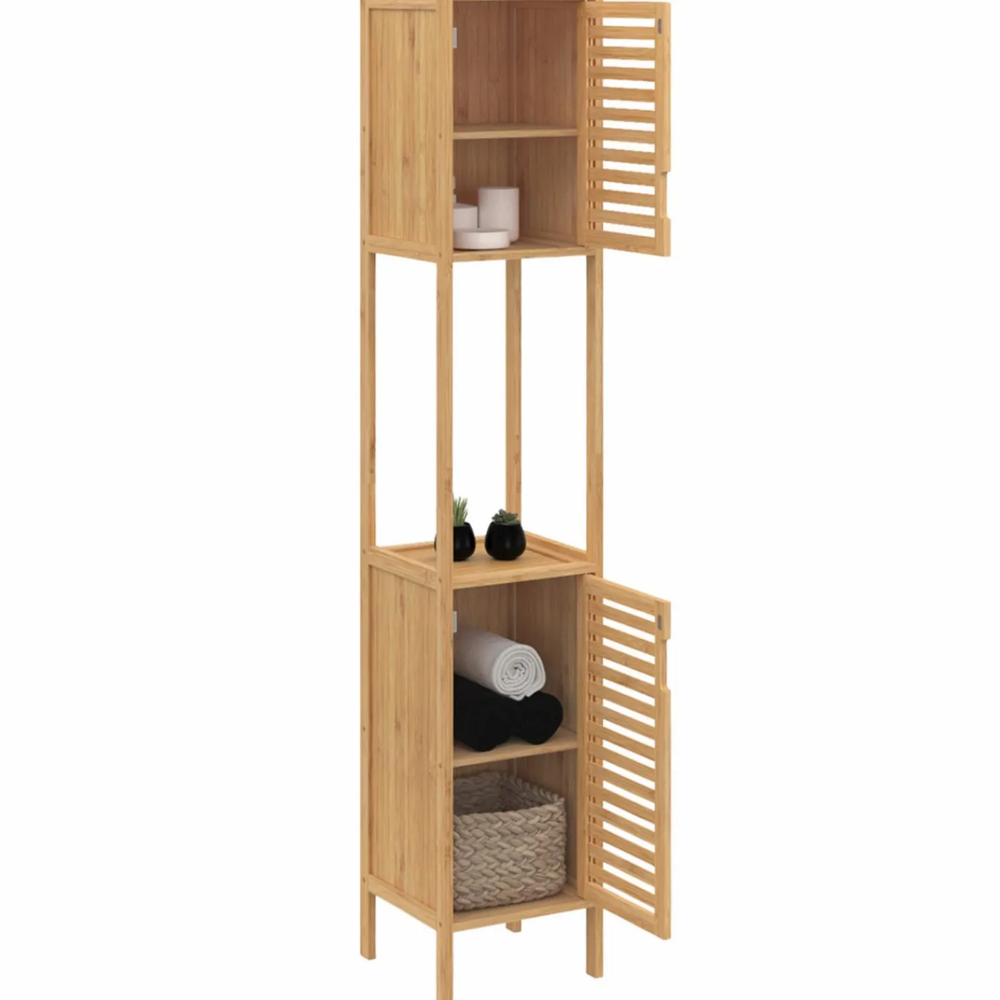 Meuble salle de bain colonne bambou 2 portes*IDMarket