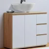 Meuble sous lavabo salle de bain avec placard et 3 tiroirs façon hêtre et blanc*IDMarket Best