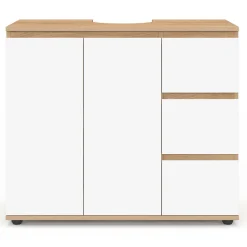 Meuble sous lavabo salle de bain avec placard et 3 tiroirs façon hêtre et blanc*IDMarket Best