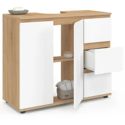 Meuble sous lavabo salle de bain avec placard et 3 tiroirs façon hêtre et blanc*IDMarket Best