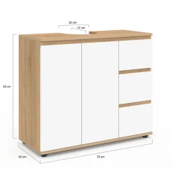 Meuble sous lavabo salle de bain avec placard et 3 tiroirs façon hêtre et blanc*IDMarket Best