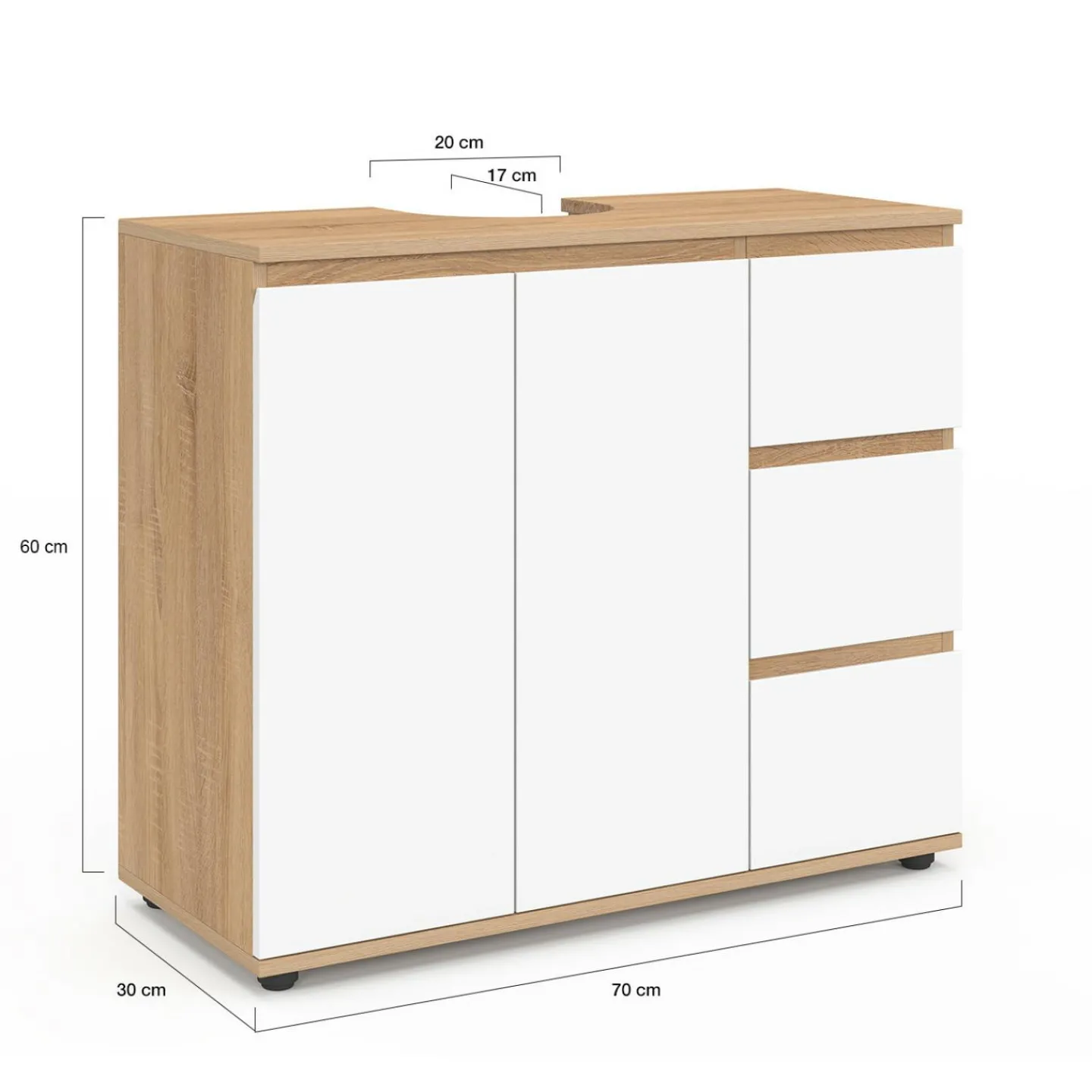 Meuble sous lavabo salle de bain avec placard et 3 tiroirs façon hêtre et blanc*IDMarket Best