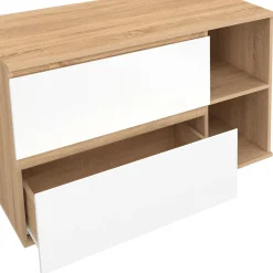 Meuble sous vasque suspendu salle de bain 2 tiroirs et 2 niches façon hêtre et blanc*IDMarket Sale