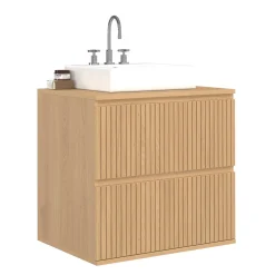 Meuble sous vasque suspendu salle de bain 2 tiroirs effet lattes*IDMarket Outlet
