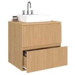Meuble sous vasque suspendu salle de bain 2 tiroirs effet lattes*IDMarket Outlet