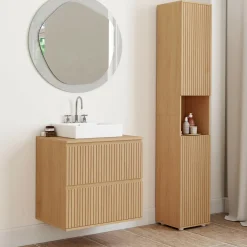 Meuble sous vasque suspendu salle de bain 2 tiroirs effet lattes*IDMarket Outlet