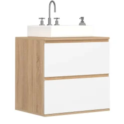 Meuble sous vasque suspendu salle de bain 2 tiroirs façon hêtre et blanc*IDMarket Online