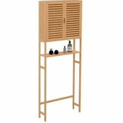 Meuble étagère dessus WC en bambou avec placard*IDMarket Outlet