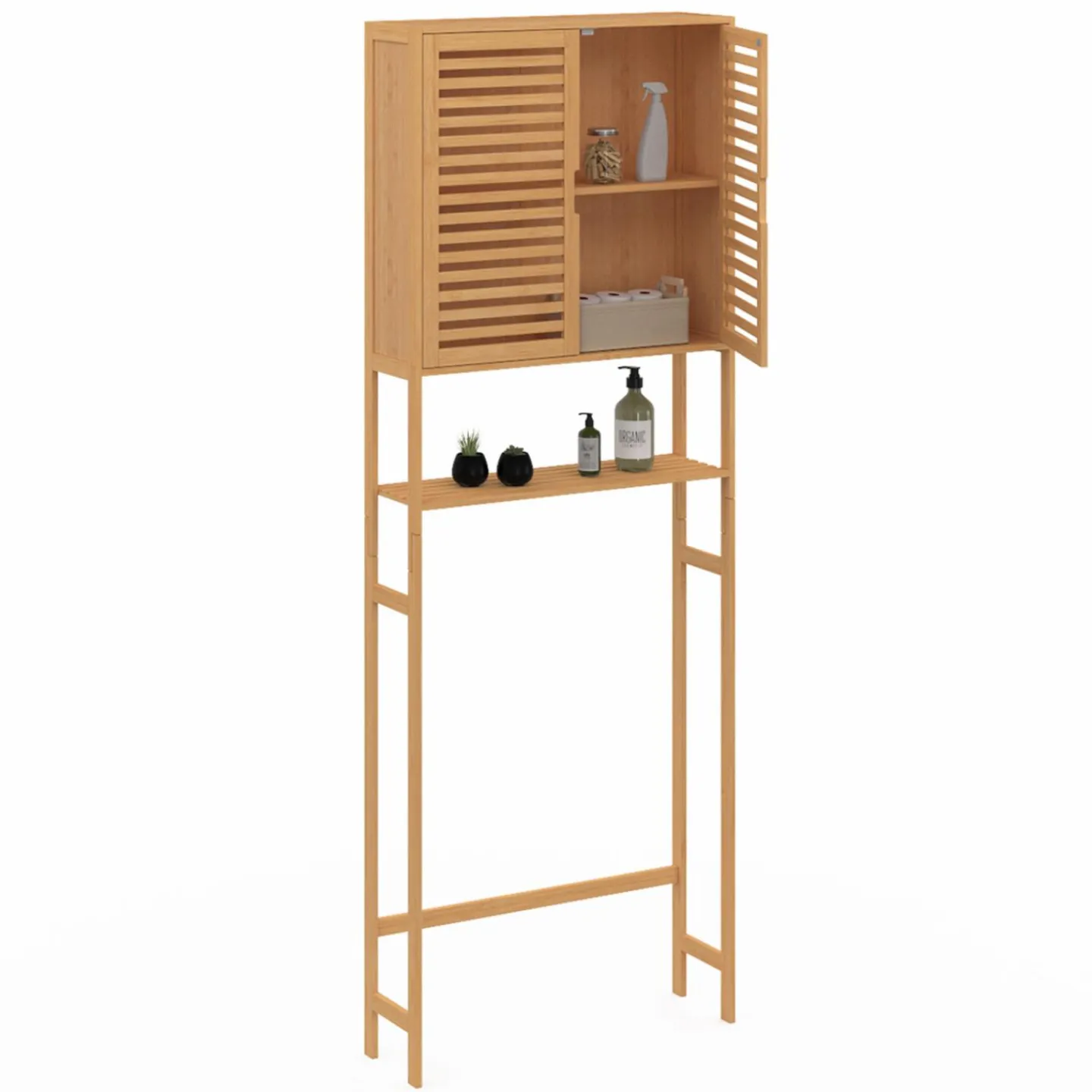 Meuble étagère dessus WC en bambou avec placard*IDMarket Outlet