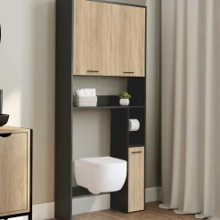 Meuble étagère dessus WC noir et bois façon hêtre*IDMarket Sale