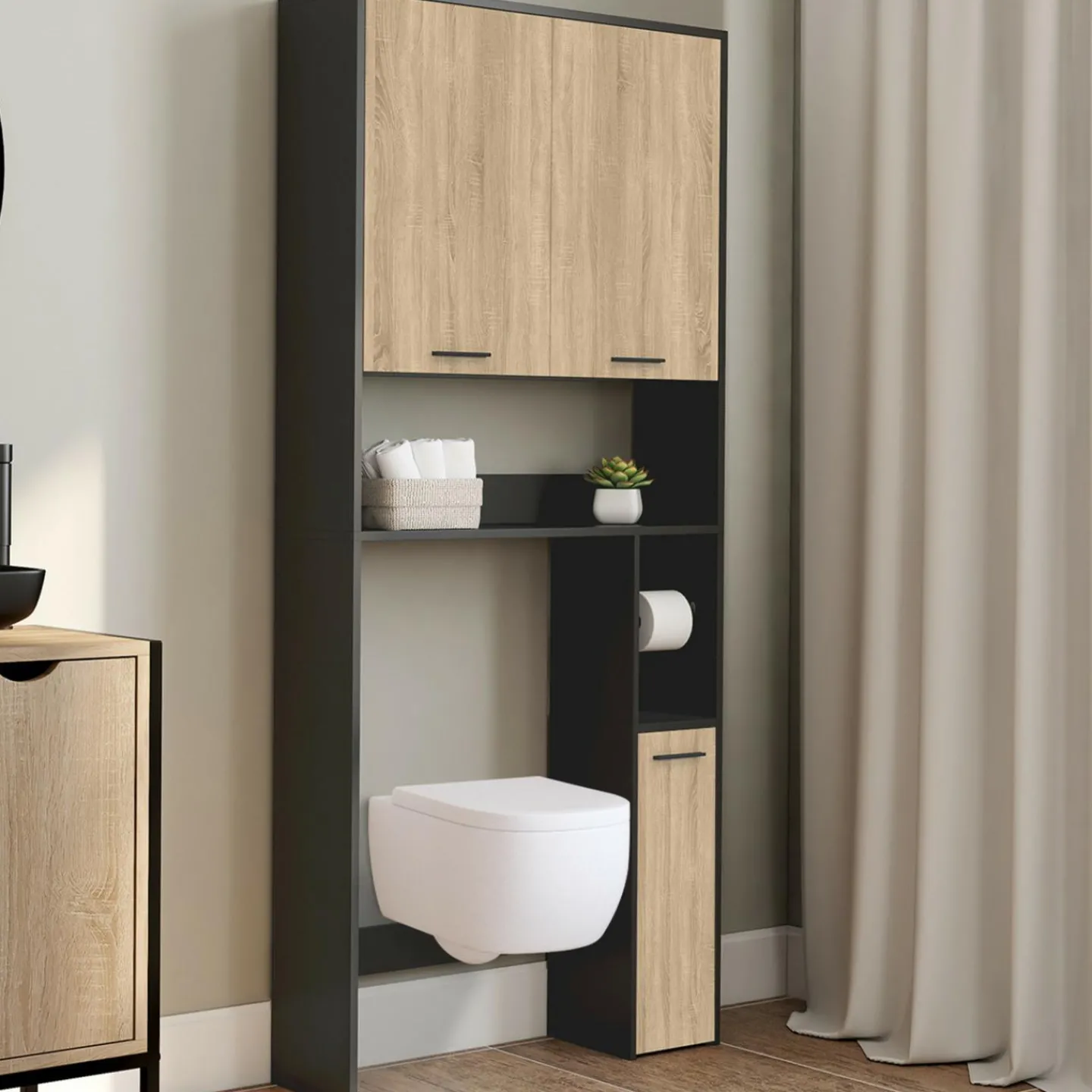 Meuble étagère dessus WC noir et bois façon hêtre*IDMarket Sale