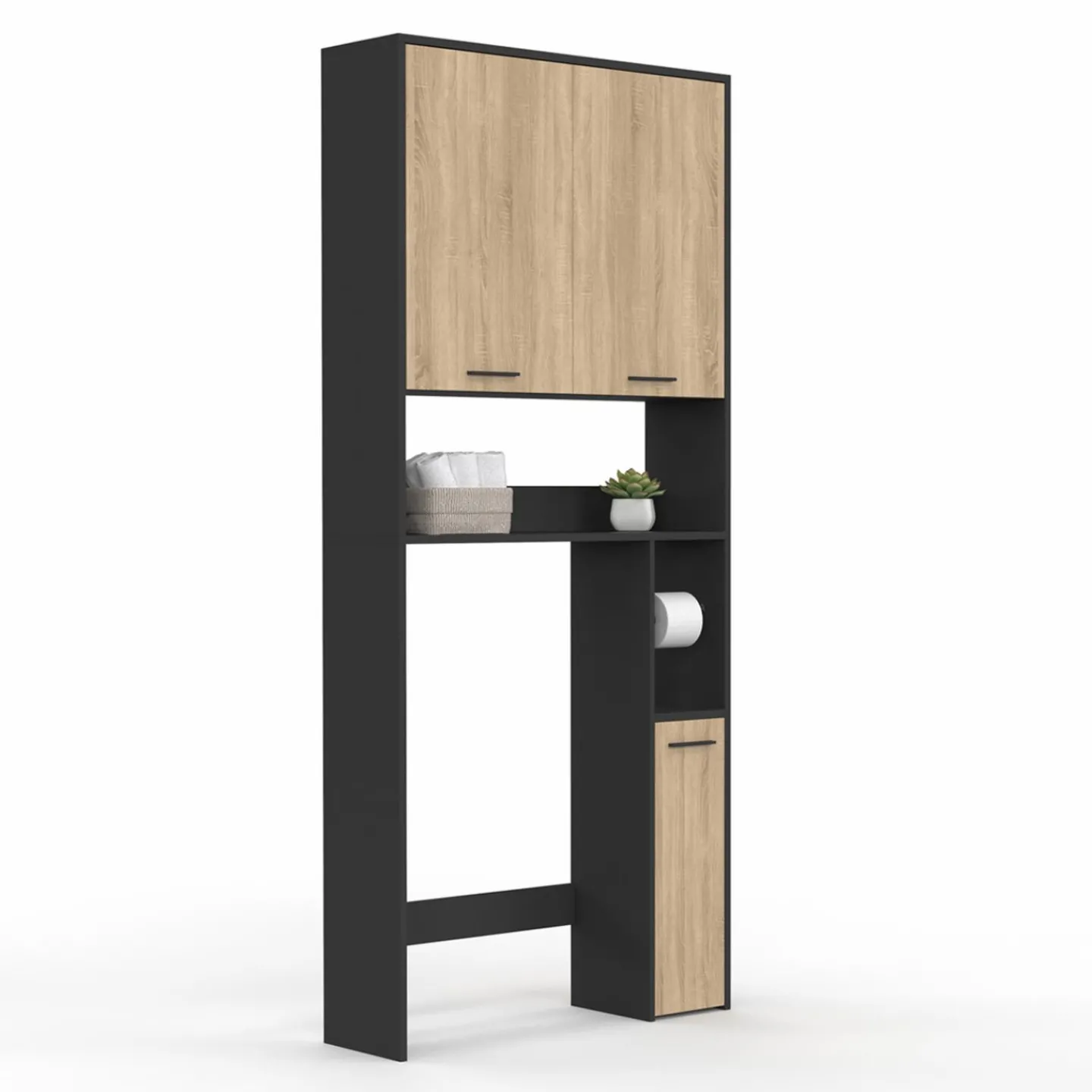 Meuble étagère dessus WC noir et bois façon hêtre*IDMarket Sale