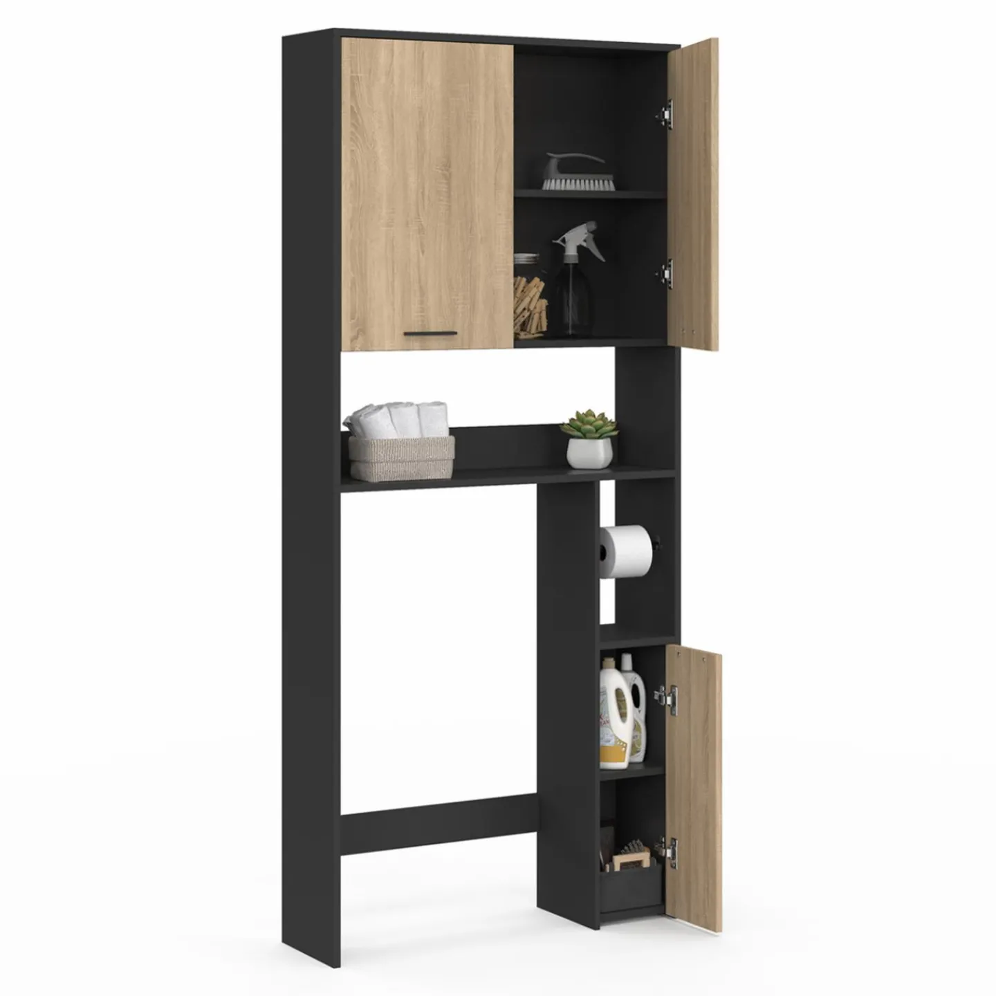 Meuble étagère dessus WC noir et bois façon hêtre*IDMarket Sale