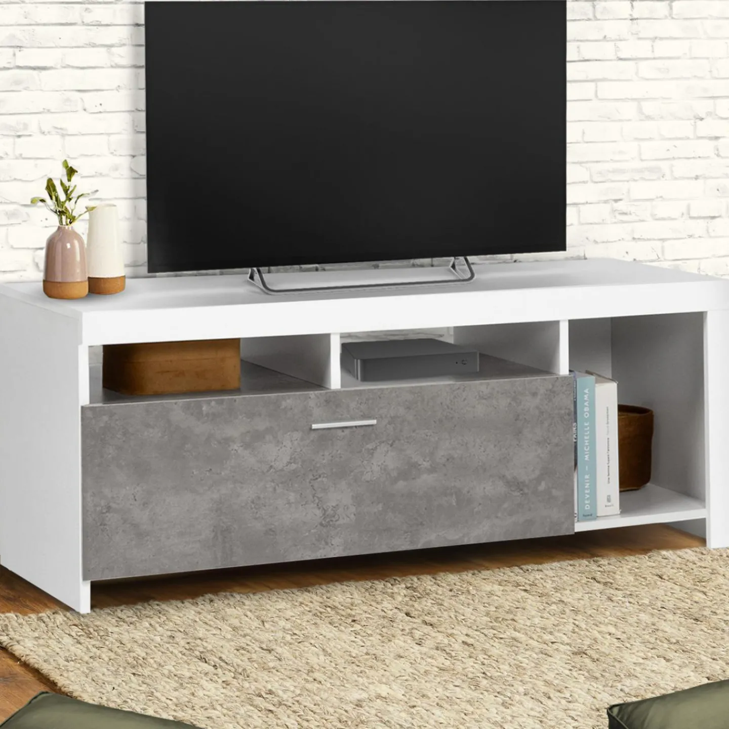 Meuble télé 110 cm blanc et placard effet béton*IDMarket