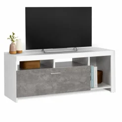 Meuble télé 110 cm blanc et placard effet béton*IDMarket